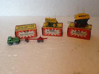 Benbros Toys No 5 Horse Drawn Gipsy Caravan, No 8 Foden Tractor and Log Trailer, No 10 Crawler Bulldozer