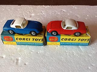 Corgi Toys 319 Lotus Elan S2 Hardtop Blue Body, White Top. Red Body, White Roof.
