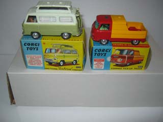 Corgi Toys 420 Ford Thames Airborne Caravan Pale Green Top, Olive Green Bottom and Corgi Toys 465 Commer Pick-up Truck
