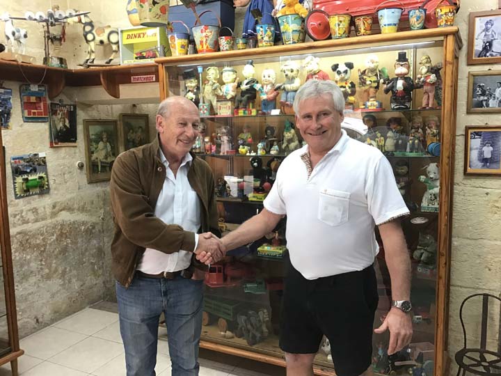Grant's Trip to Malta Toy Museum - Grant Woolley shaking hands with Vincent Brown