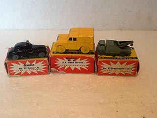 Benbros Toys No 33 Breakdown Lorry, No 34 A.A. Land Rover, No 37 Wolseley Six-Eighty Police Car