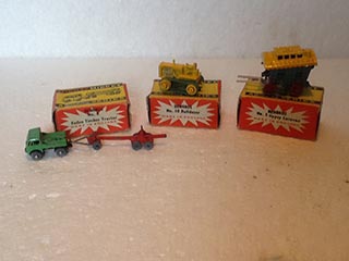 Benbros Toys No 5 Horse Drawn Gipsy Caravan, No 8 Foden Tractor and Log Trailer, No 10 Crawler Bulldozer