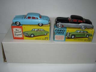 Corgi Toys 238 Jaguar MK 10 Pale Blue Body, Red Interior and Corgi Toys 224 Bentley Continental Sports Saloon Black and Silver Body, Red Interior