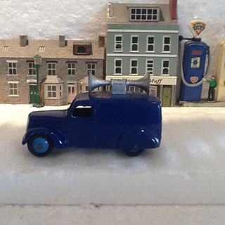 Dinky Toys 492 Loudspeaker Van, Blue Body, Mid Blue Hubs, Silver Loudspeaker