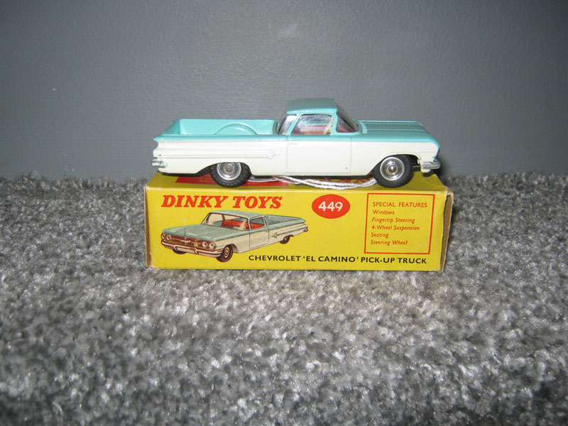 Dinky Toys 449 Chevrolet El Camino Pick-Up Truck Of White Lower Body Turquoise Upper Body and Roof, Red Interior