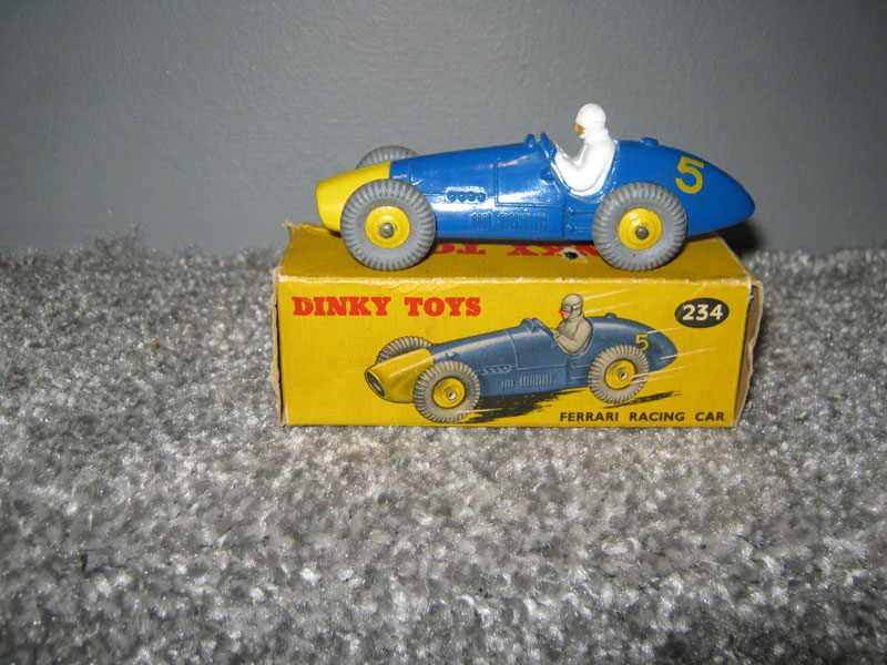 Dinky Toys 234 Ferrari Racing Car, Blue Body, Yellow Nose Cone, Yellow R/N 5, 234 on Base