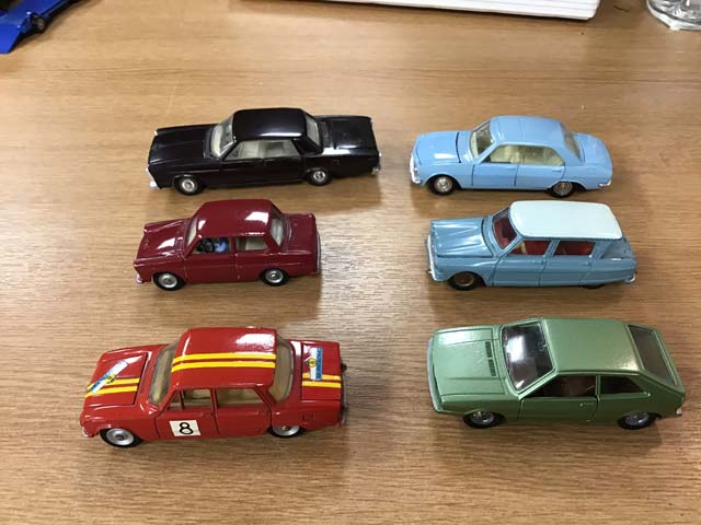 French Dinky Toys 1402 Ford Galaxie 1415 Peugeot 504 508 Daf 33 557 Citroen Ami 6 1401 Alfa-Romeo Guilia 1600 TI 1539 VW Scirocco at Aquitania Collectables