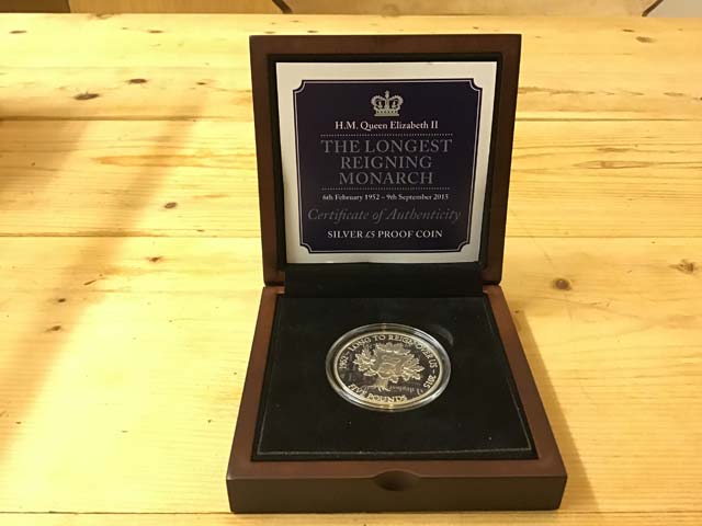 H.M. Queen Elizabeth II The Longest Reigning Monarch Silver £5 Proof Coin Limited Edition at Aquitania Collectables
