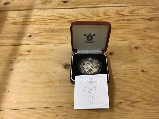 Royal Mint 1996 United Kingdom Her Majesty Queen Elizabeth II 70th Birthday Silver Proof Crown at Aquitania Collectables