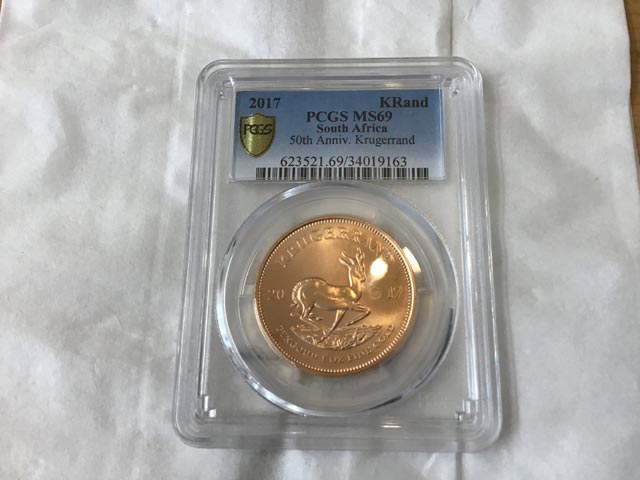 South Africa 50th Anniversary Krugerrand 1oz Gold Coin KRand PCGS MS69 2017 at Aquitania Collectables