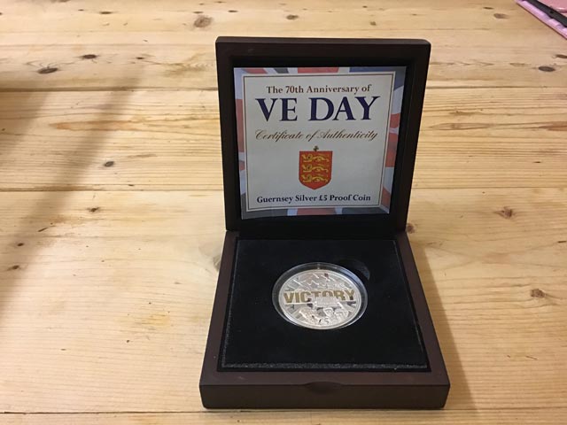 The 70th Anniversary of VE Day Limited Edition Guernsey Silver £5 Proof Coin at Aquitania Collectables