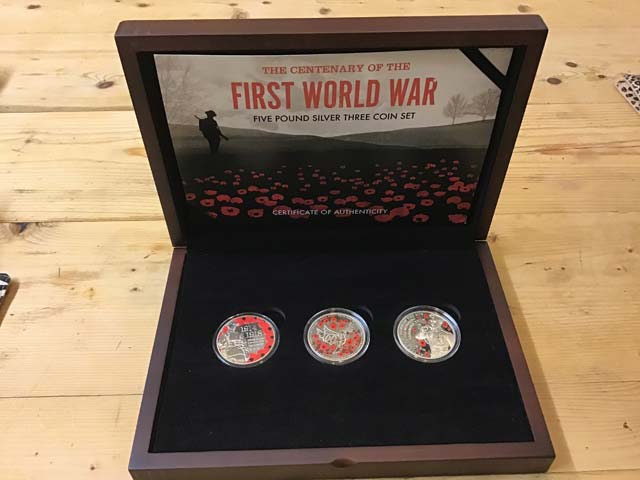 The Centenary Of The First World War Five Pound Silver Three Coin Set at Aquitania Collectables