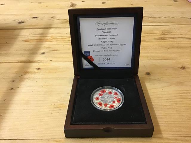 The Jersey 2015 Remembrance Day Limited Edition Proof Five Pound Poppy Coin at Aquitania Collectables