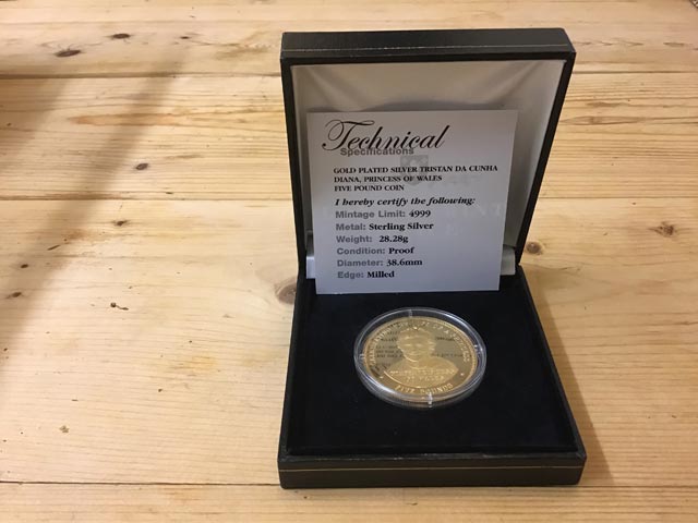The London Royal Mint Gold Plated Silver Tristan Da Cunha Diana Princess of Wales Five Pound Coin at Aquitania Collectables