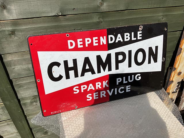 Dependable Champion Spark Plug Service Enamel Sign - Aquitania Collectables