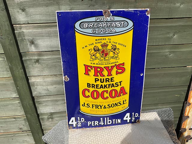 Fry's Pure Breakfast Cocoa Enamel Sign - Aquitania Collectables